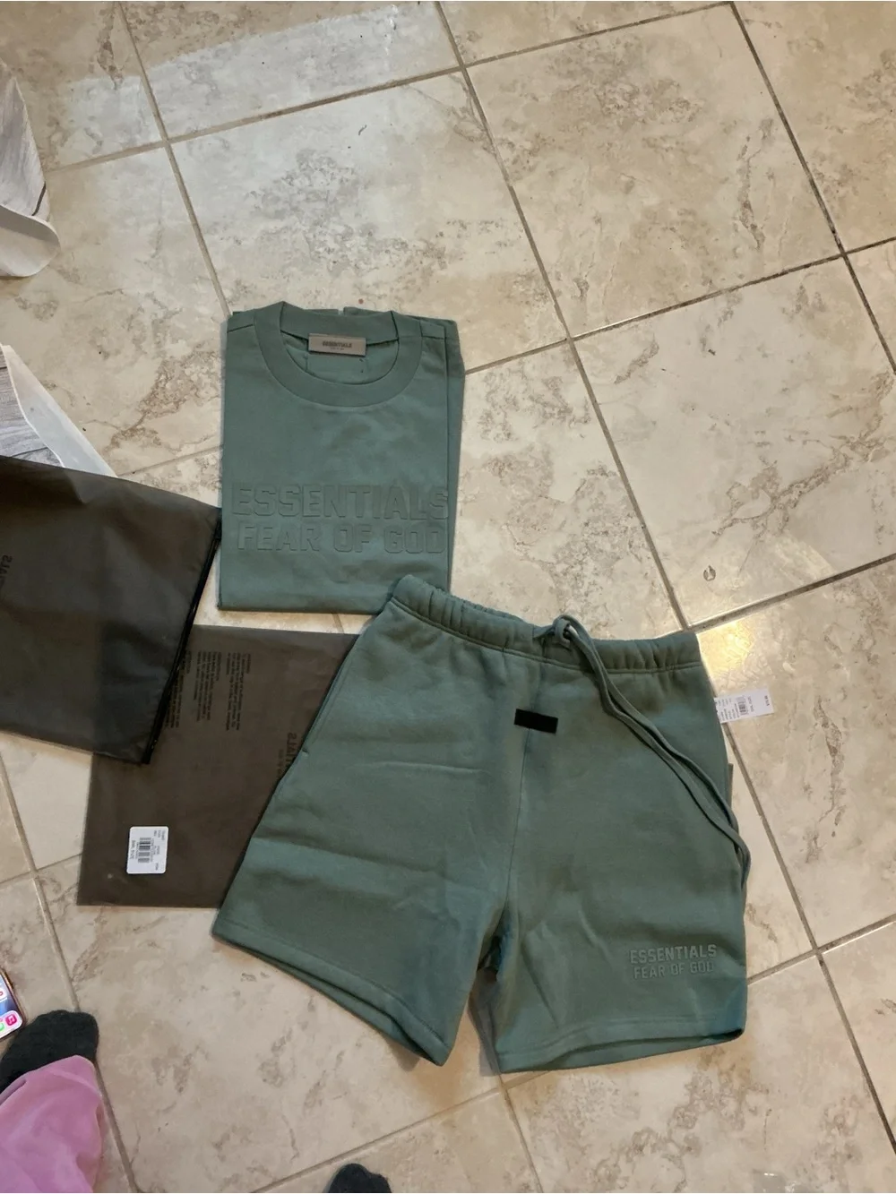 Fear of God ESSENTIALS Olive Green Sweat Shorts & Tee Set